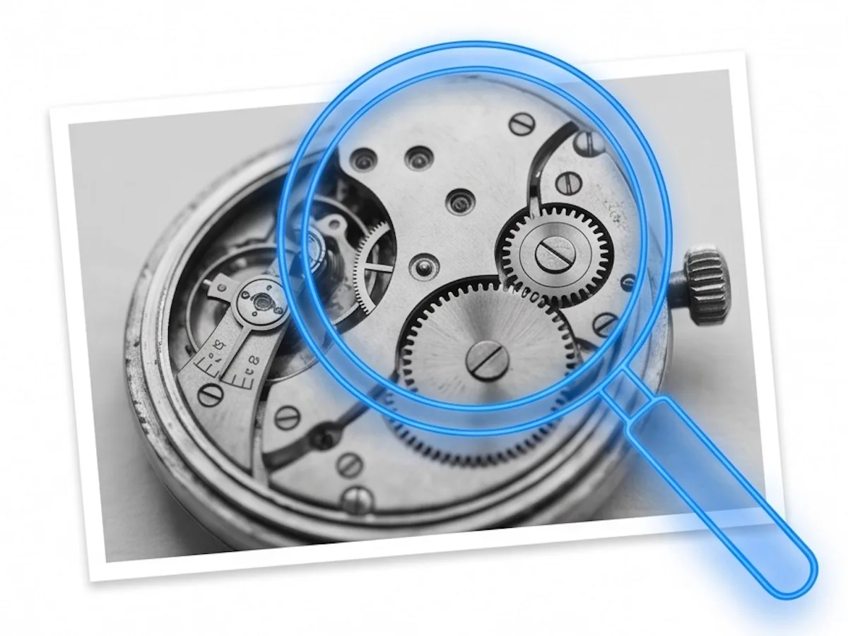 Magnifying glass showing a black and white photo with no quality loss