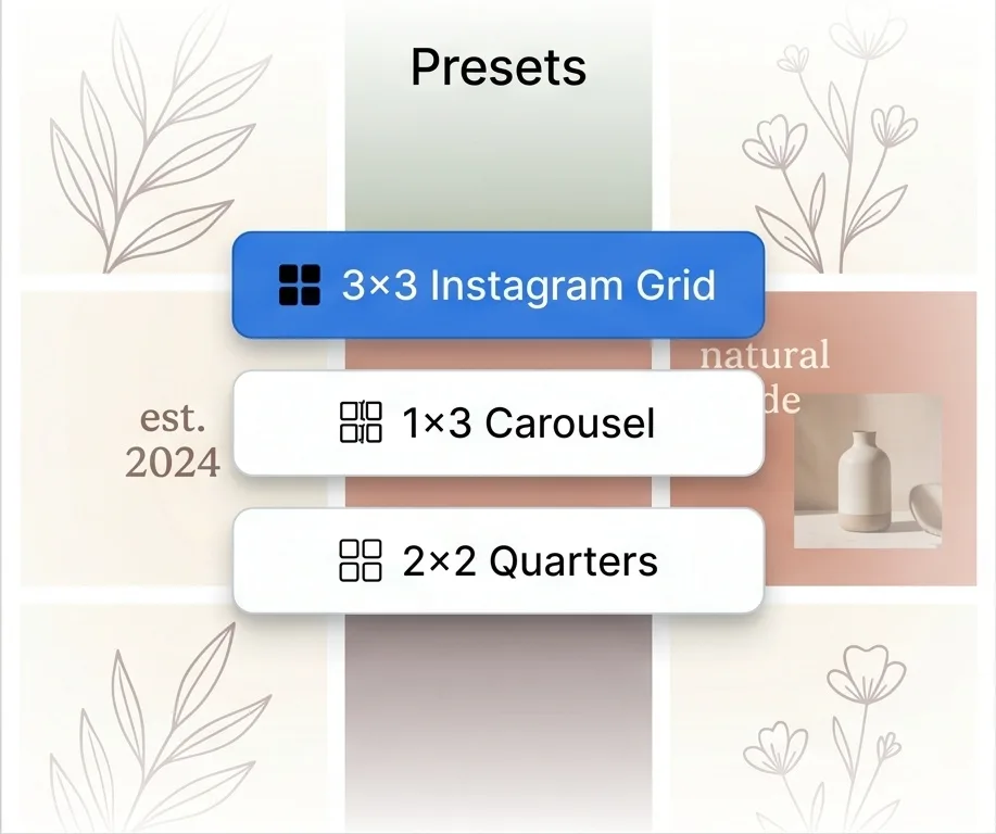 Image splitter preset buttons for Instagram grid and carousel