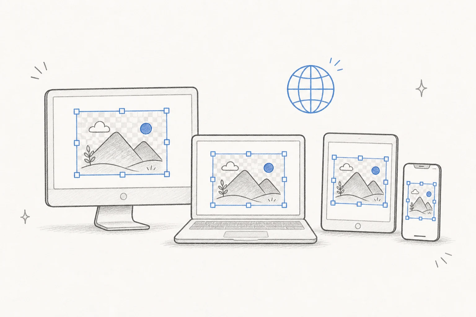 Hand-drawn PNG resizer on desktop, laptop, tablet, and phone