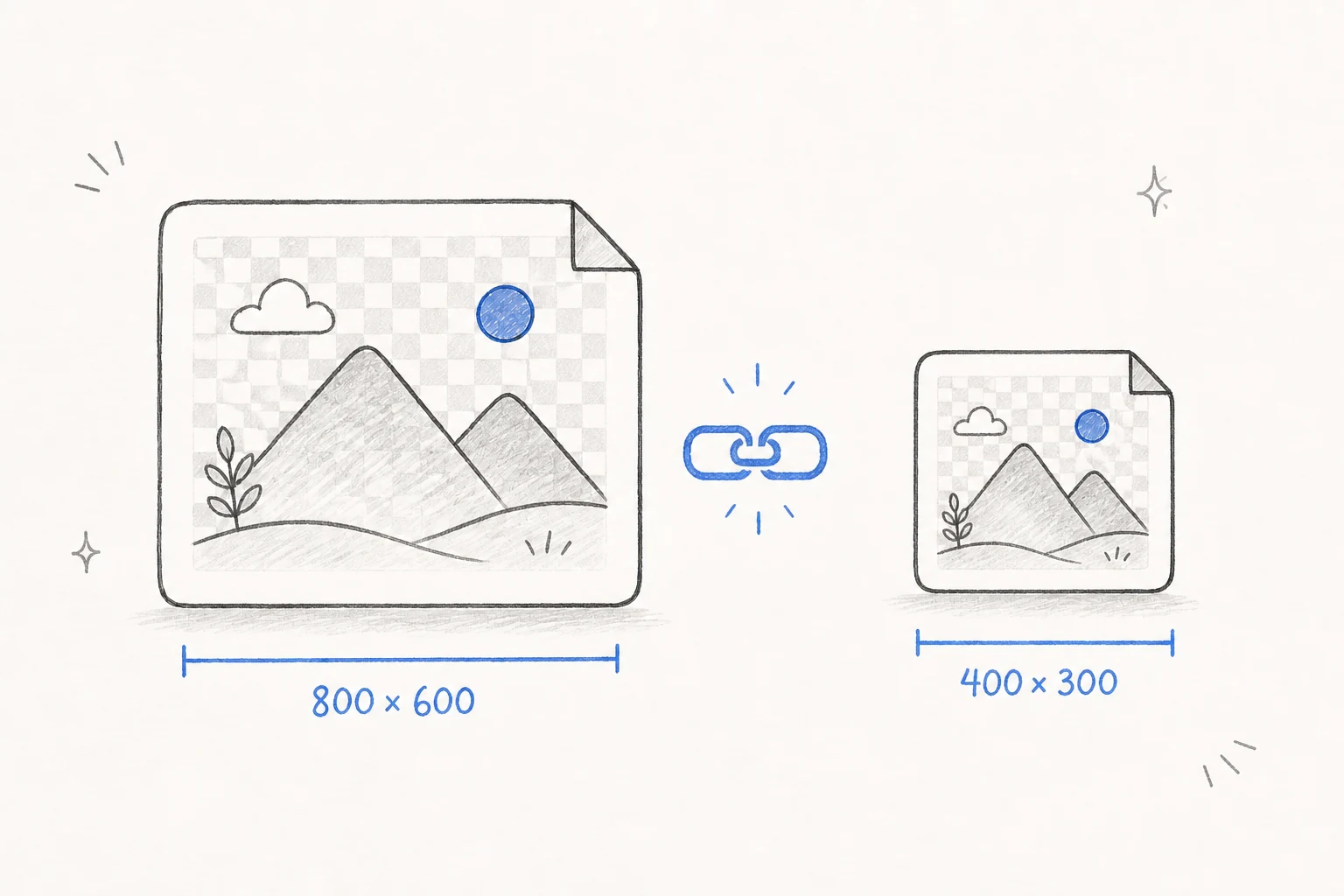 Hand-drawn PNG resize example with the image ratio locked