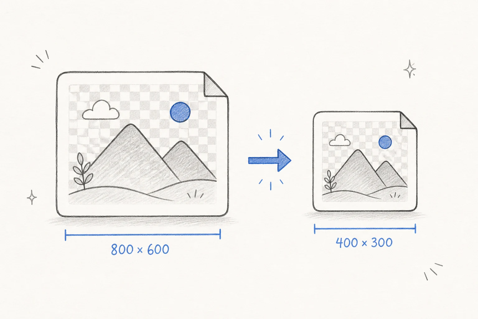 Hand-drawn example of a PNG resized from 800 by 600 pixels to 400 by 300 pixels