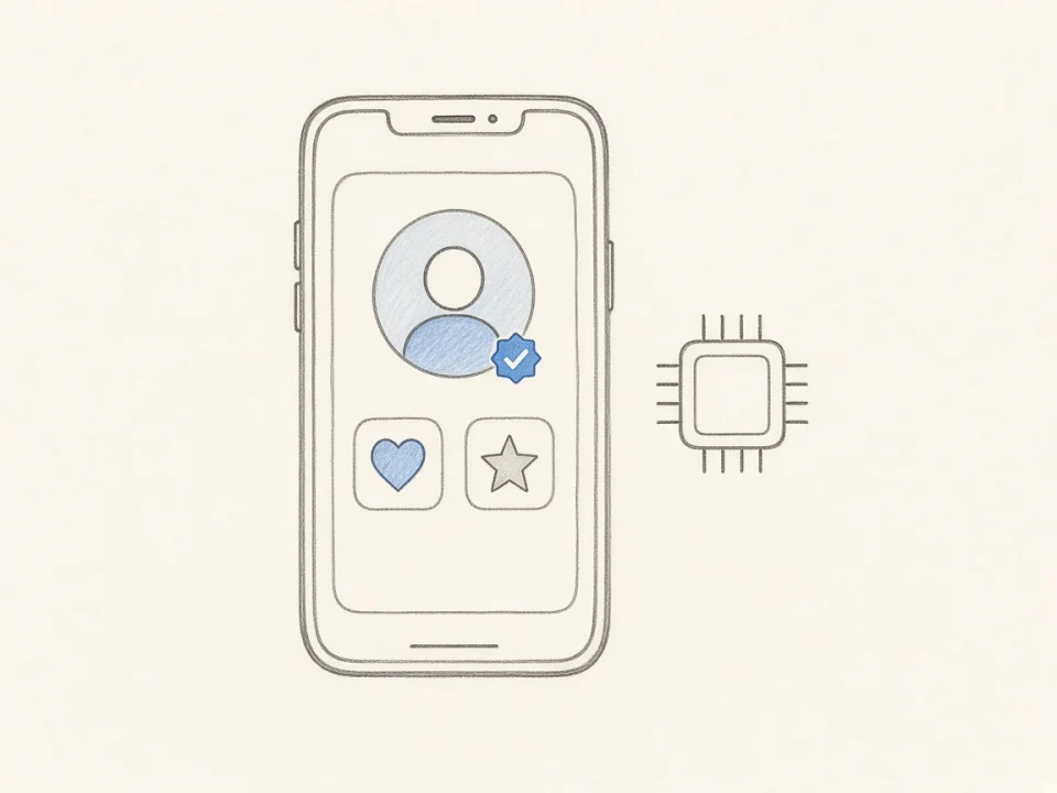 A phone showing a large round avatar, a check badge, a heart, and a star, next to a small chip