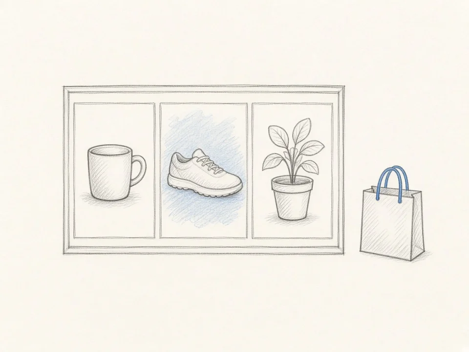 A shop window with a mug, a sneaker, and a potted plant, beside a shopping bag