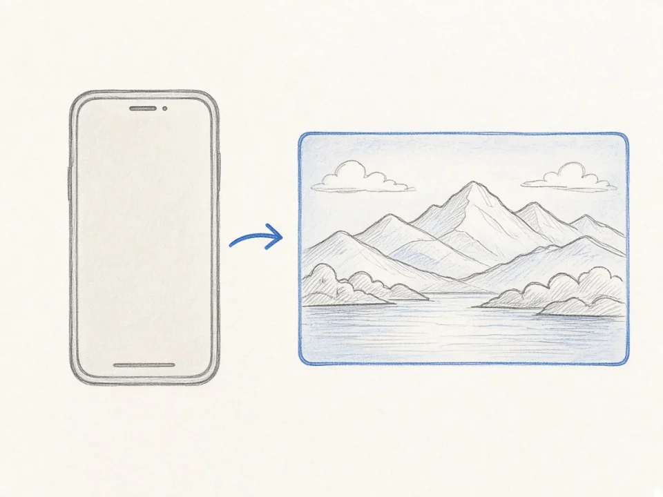 A phone with a blank screen and an arrow pointing to a wide mountain preview card