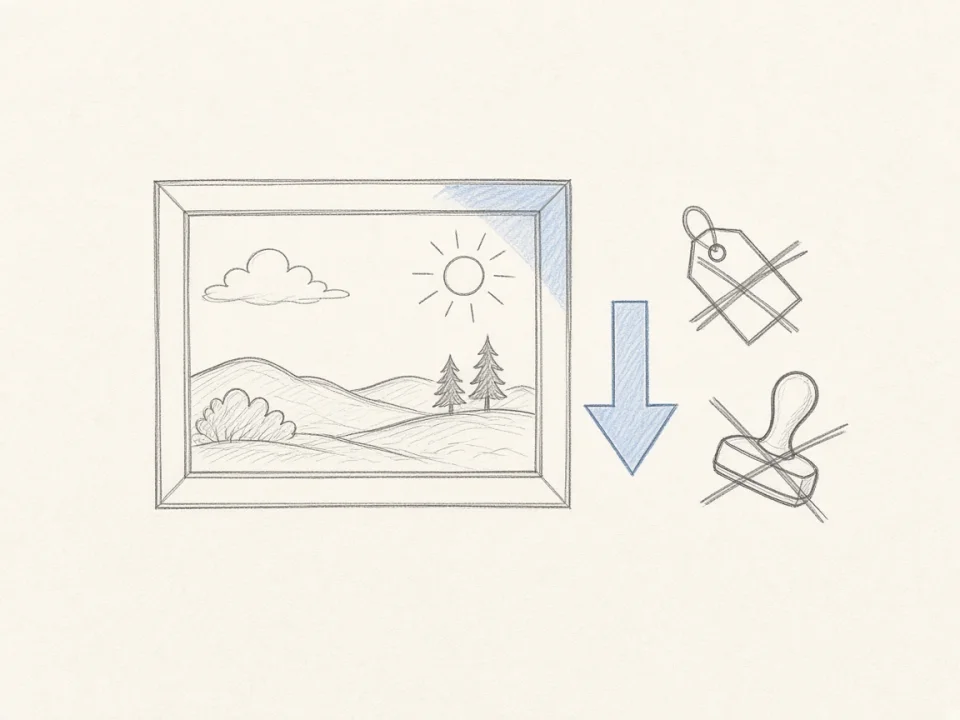 A framed landscape next to a download arrow, with a price tag and a stamp crossed out