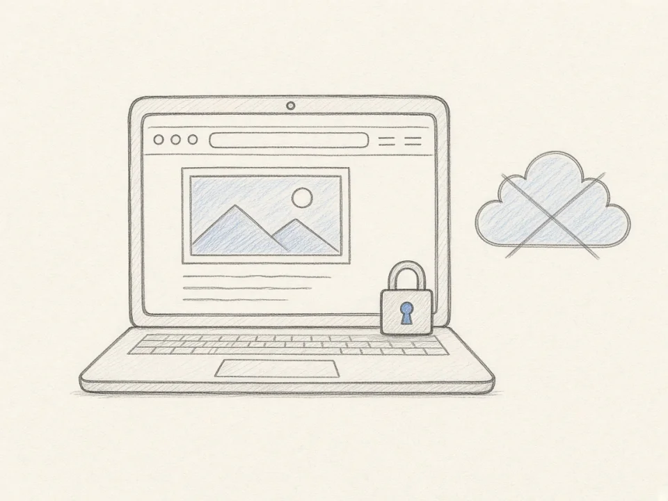 A laptop showing a photo in a browser window, with a lock and a crossed-out cloud