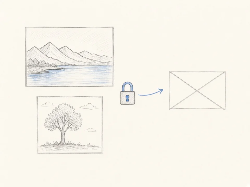 A wide landscape drawing and a square tree drawing, with a lock pointing to a crossed-out empty frame