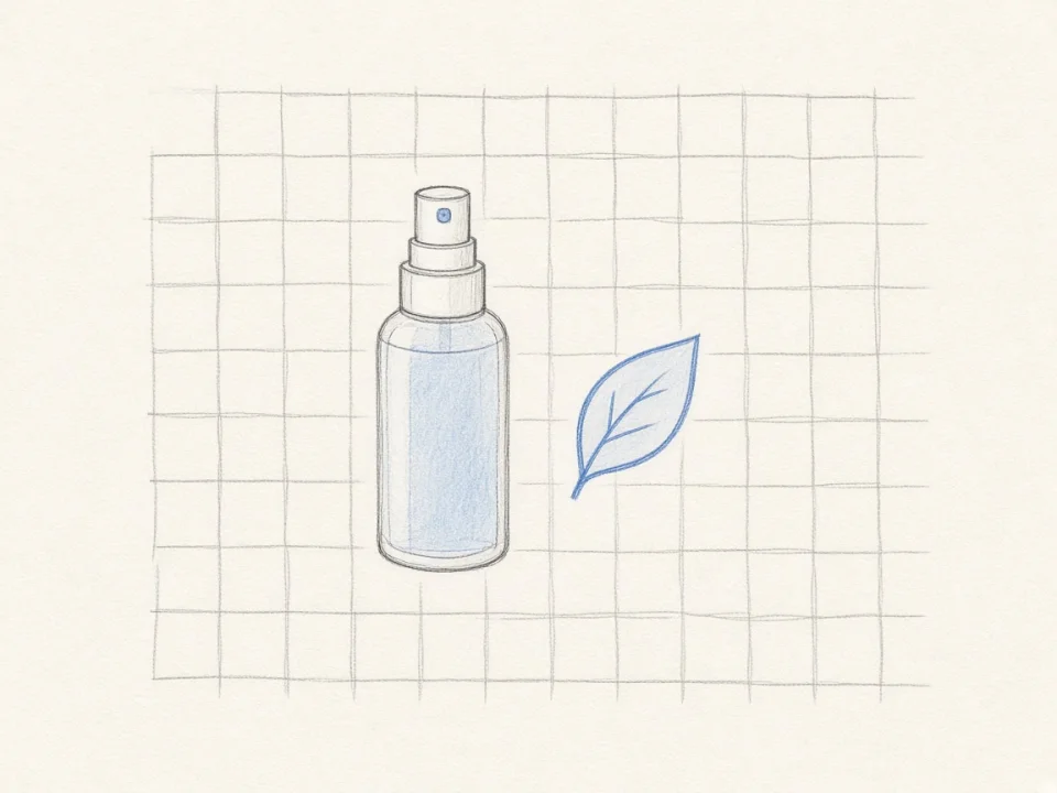 A spray bottle and a leaf drawn on a light grid