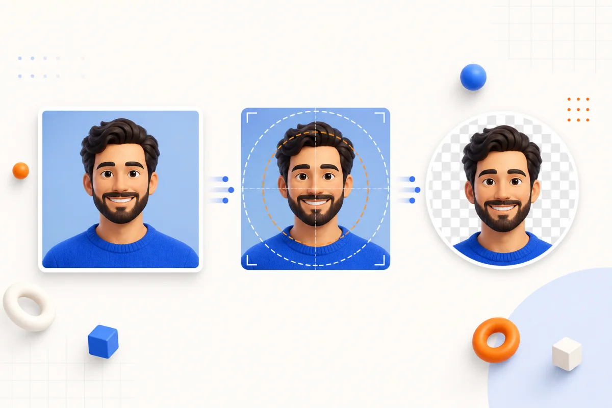 A square portrait, circular crop guide, and finished circular profile picture shown as three stages